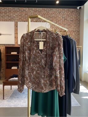 Paige silk butterfly Brown Floral Sheer print Blouse long sleeve med